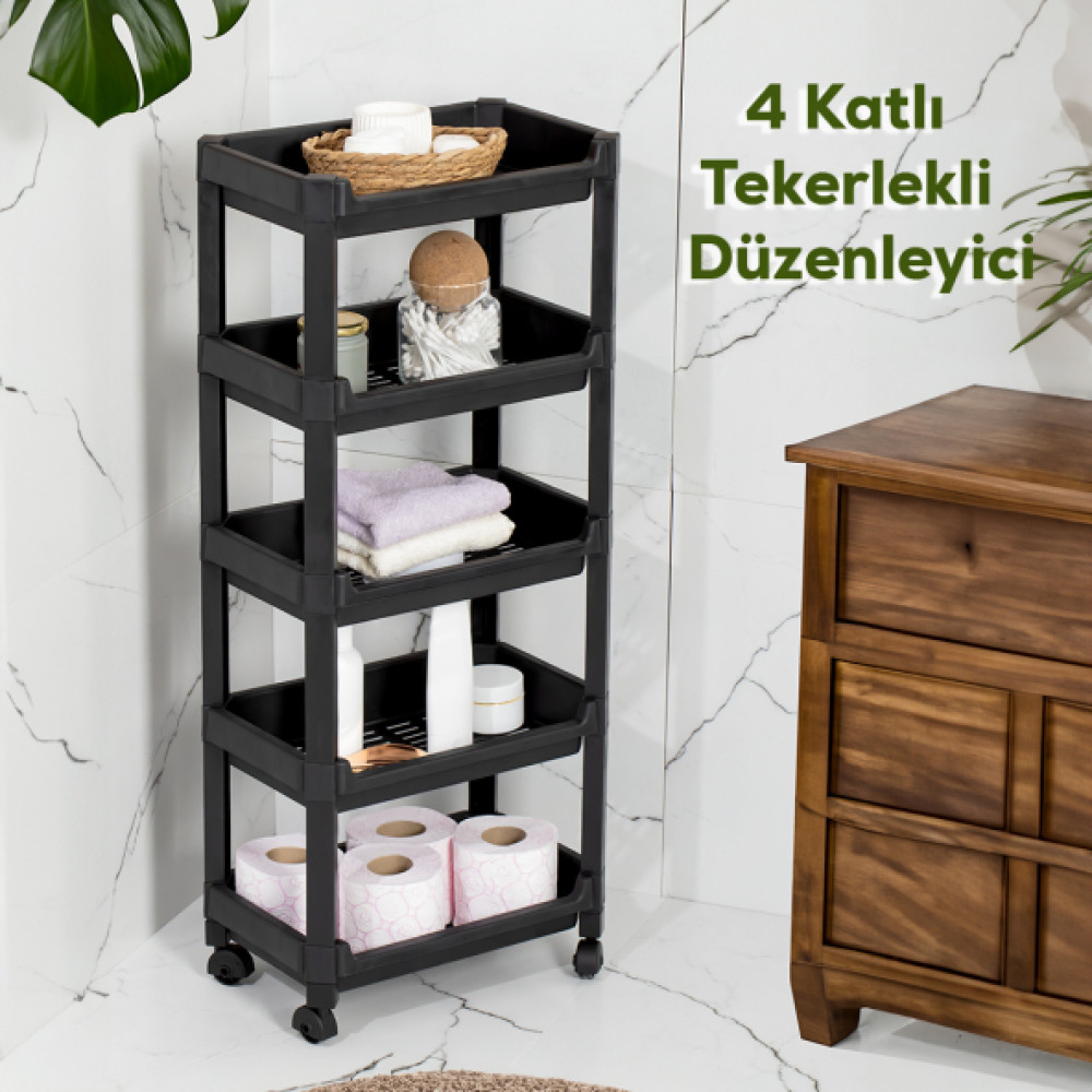 Porsima Rafty-75-Eco-1 Tekerlekli 5 Katli Duzenleyici - 35,5 X 22 X 85 Cm Hareketli Genis Raf - Siyah Mutfak Dolabı / Mobilyası Fiyatı
