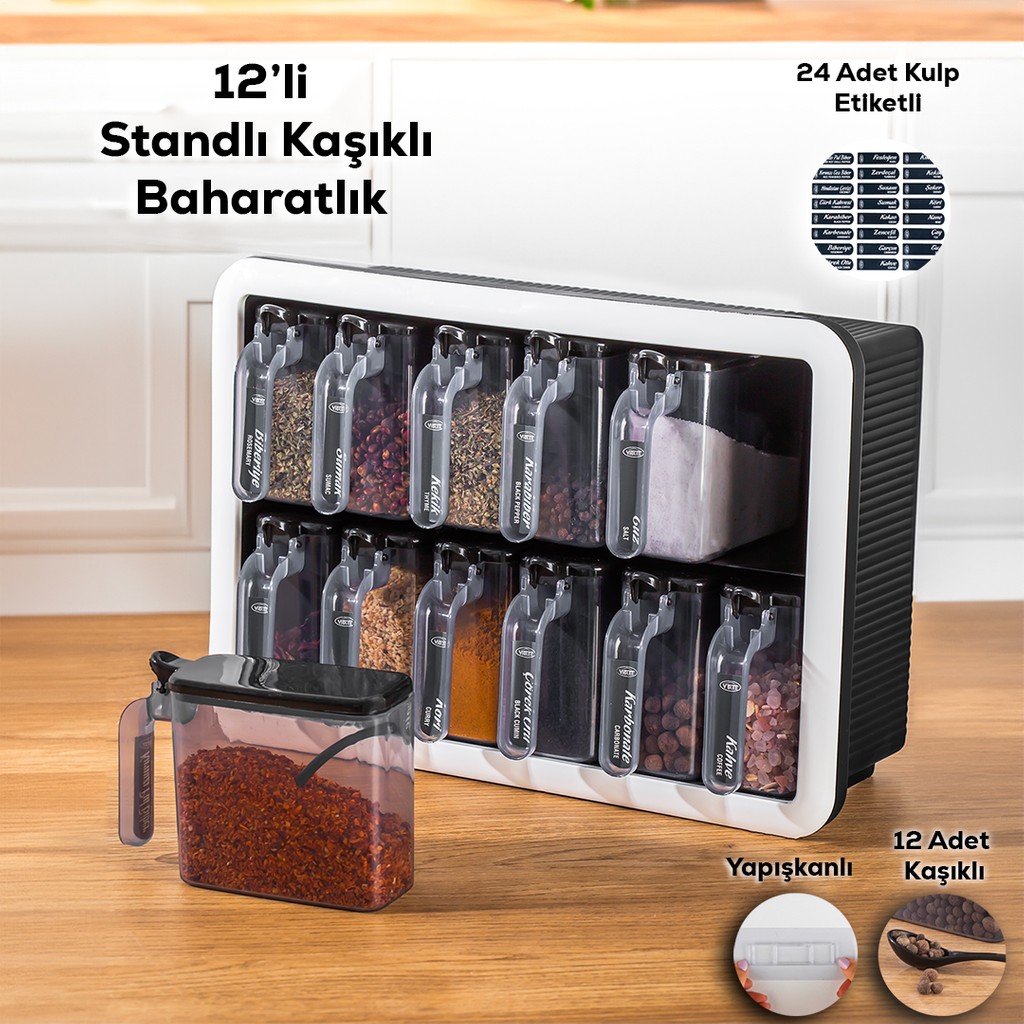 Porsima Simple 1165 Random 12'li Standlı Kendinden Yapışkanlı Kaşıklı Kapaklı Baharatlık Saklama Kabı Seti - Siyah Beyaz Çatal / Kaşık / Bıçak Takımları Fiyatı
