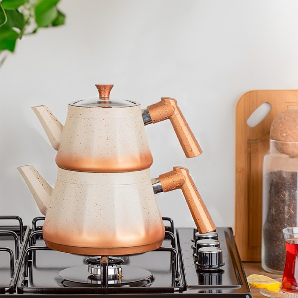 Porsima TE-187 Bakalit Kulp Granit Çaydanlık Takımı Beyaz Gold - Beyaz - Gold Çay / Çaydanlık Setleri Fiyatı