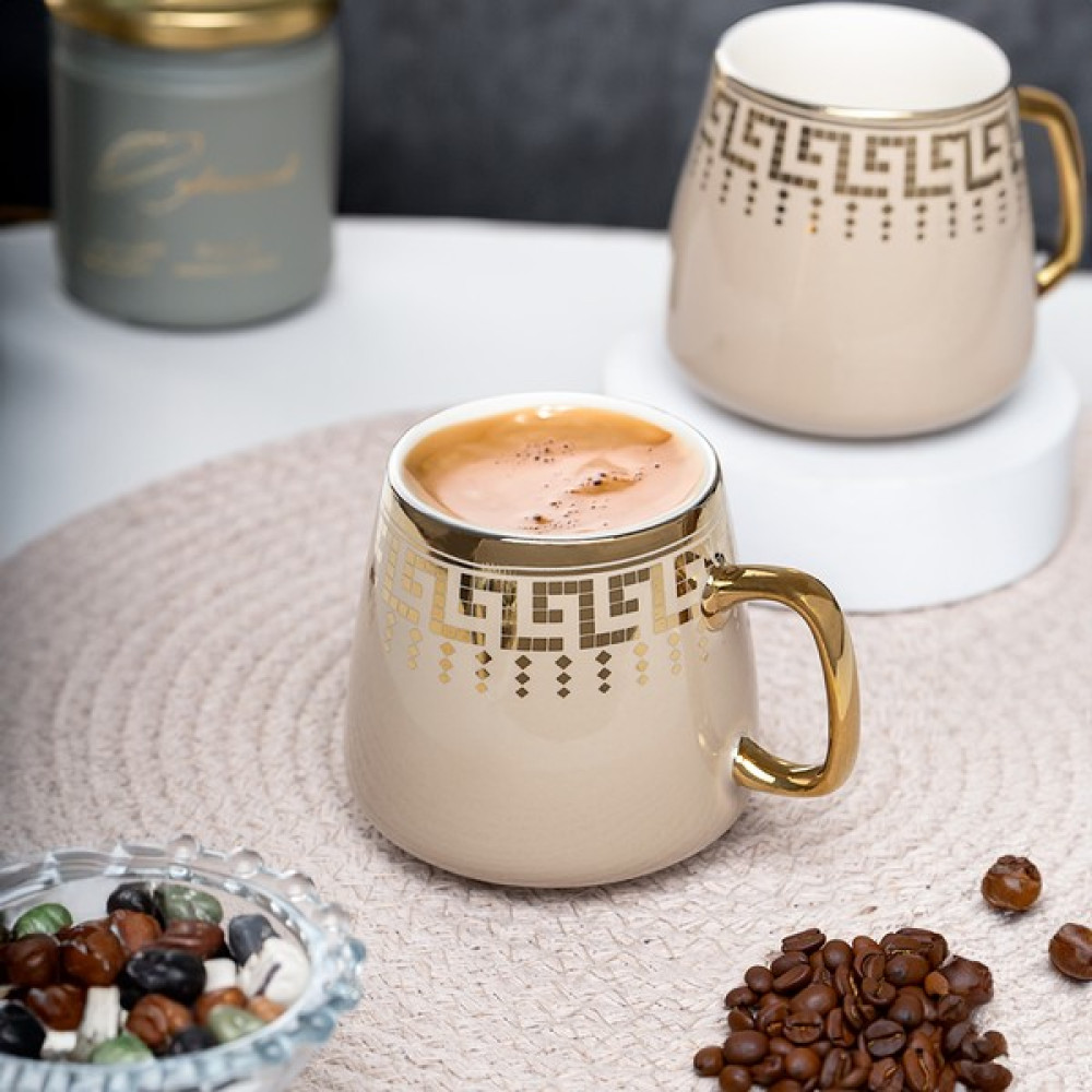 Porsima YDY-006 2 Li Gold Yaldızlı Porselen Mug Kupa Bardak - Kulplu Çay Kahve Bardağı - 200 cc Krem Fincan / Bardak / Kahve Takımı Fiyatı