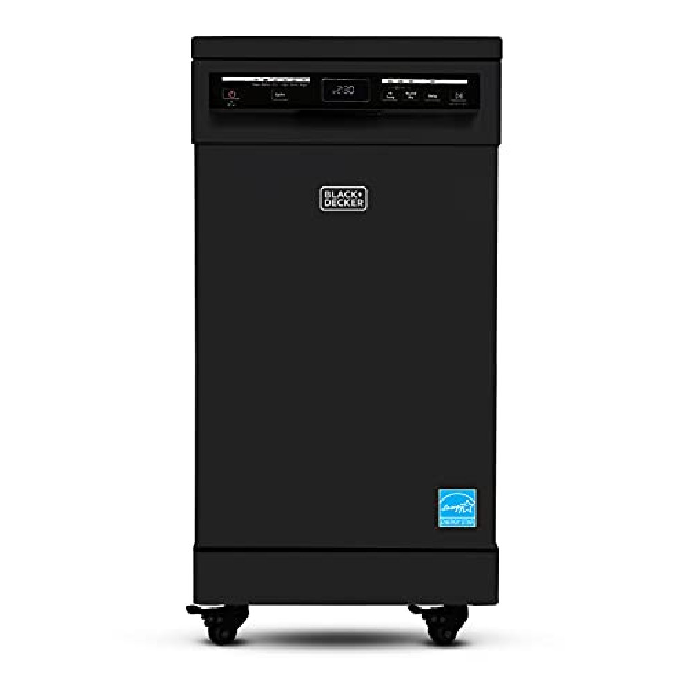 PORTABLE DISHWASHER ON WHEELS 18” WITH WORKTOP SPACE 8 PLACE-SETTING CAPACITY STAINLESS STEEL WITH FAUCET CONNECT BLACK+DECKER