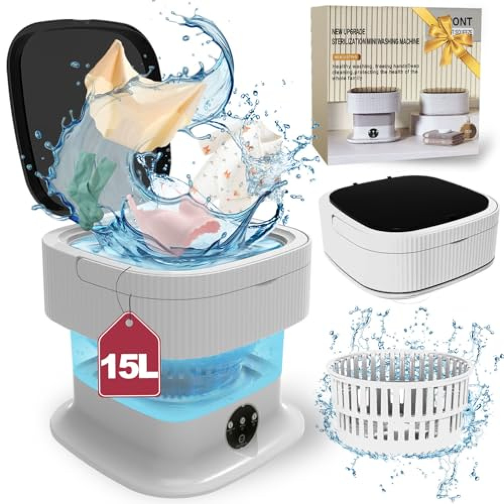 Portable Washing Machine, 15L Foldable Mini Washer and Dryer, Compact Folding Small Laundry Washer, Collapsible, Socks, Baby Clothes, Underwear, Towels, Dorm, RV, Camping Apartment, Travel, Blue