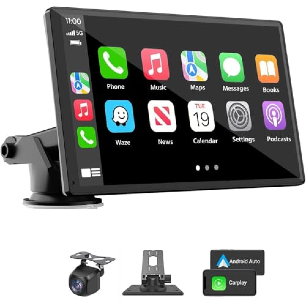 Portable Wireless Carplay Car Stereo, 7" HD Touchscreen for Car with Apple CarPlay & Android Auto with Backup Camera/Mirror Link/Voice Control/Bluetooth/GPS/AUX/FM for All Vehicles
