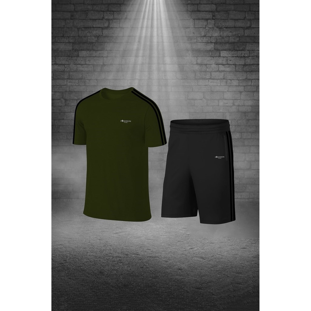 Poseidon Storm Büyük Beden Erkek Haki Dri-Fit Kumaş Yürüyüş ve Koşu Için Konforlu Cepli Sıfır Yaka Tişört Şort Ikili Alt Üst Set (4XL-10XL) Erkek T-shirt Fiyatı