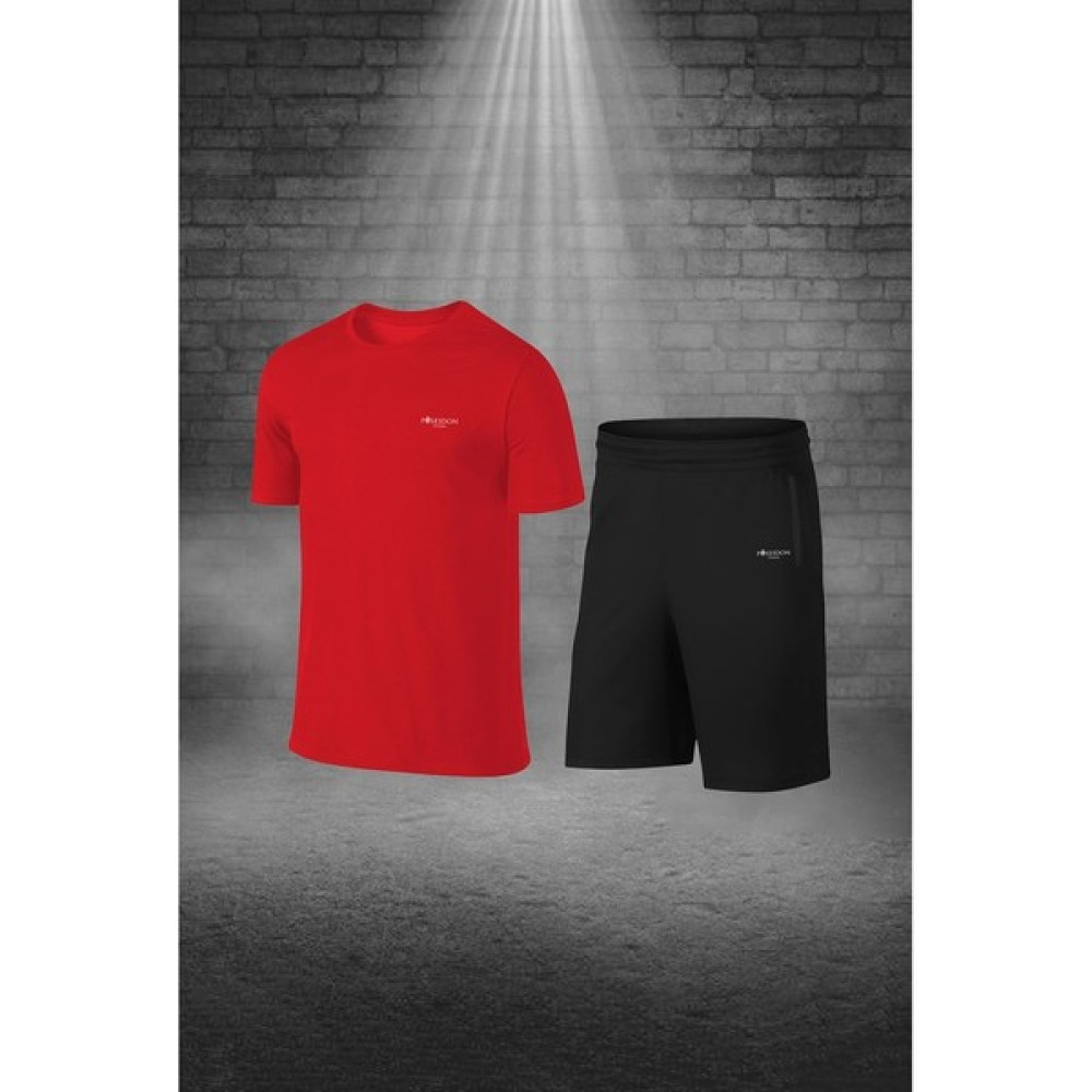 Poseidon Storm Erkek Kırmızı Dri-Fit Kumaş Cepli Baskısız Sıfır Yaka Kısa Kol Alt Üst Takım Tişört Şort Seti (S-3xl) Erkek Şort Fiyatı