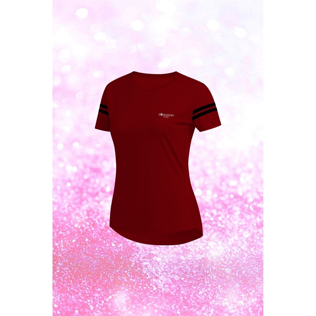 Poseidon Storm Kadın Bordo Dri-Fit Kumaş Baskısız Yuvarlak Yaka Kısa Kol Tshirt S-3xl Bayan T-shirt Fiyatı