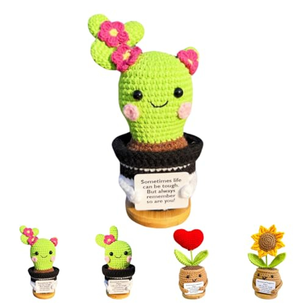 Positive Crochet Cactus,Handmade Emotional Support Crochet Cactus with Positive Card for Women Men Birthday Valentines Christmas Graduation Gifts