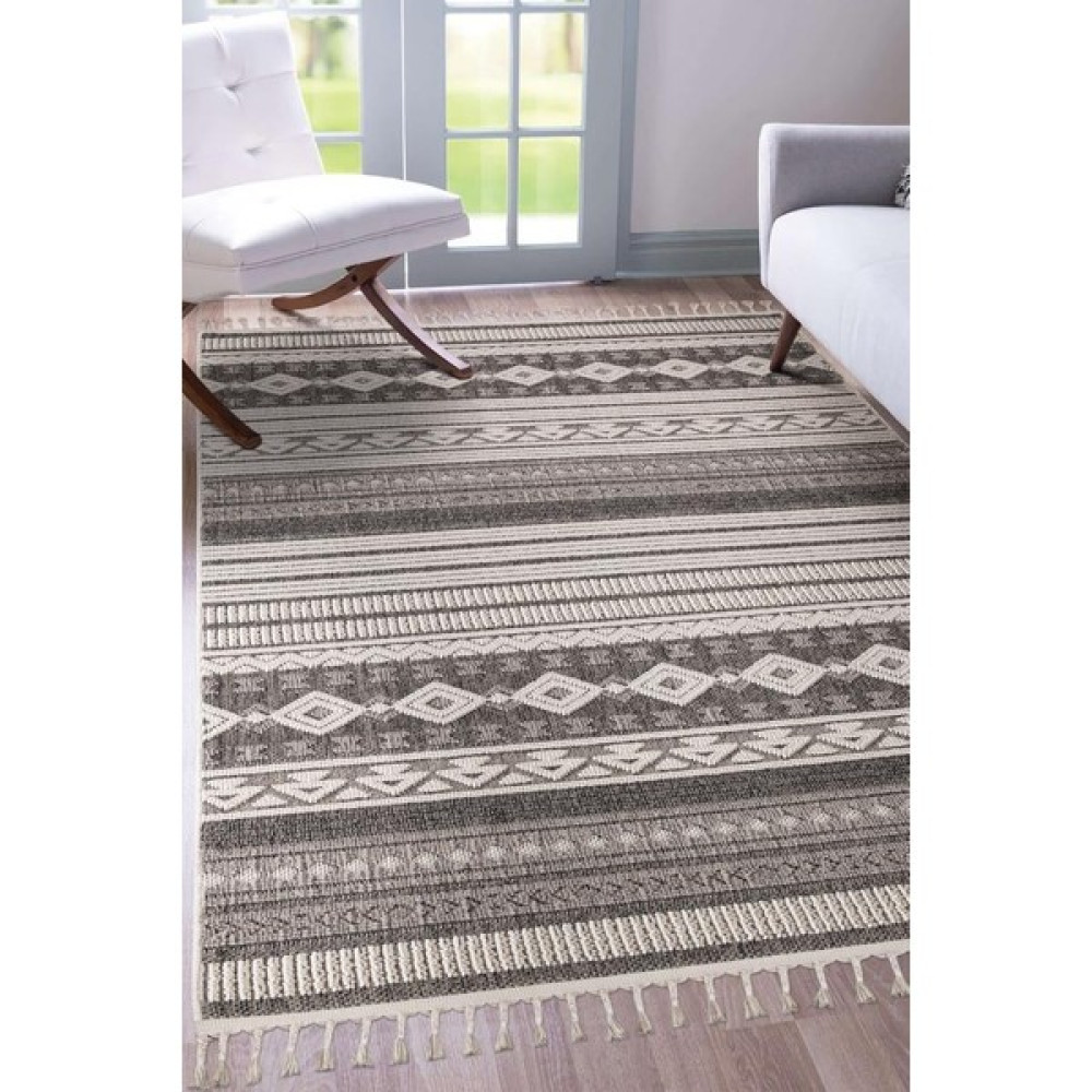 Post Halı Kolay Temizlenen Hav Toz Vermez Hasır Dokulu Jüt Sisal Bohem Tarz Antrasit&krem Salon, Mutfak ve Oturma Odası Halısı - 80 x 150 cm Salon Halısı Fiyatı