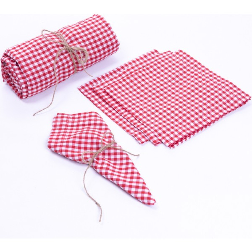 Pötikareli masa örtüsü, peçete piknik seti 5 parça, kırmızı - 10 x 21 cm - Renkli Masa Örtüsü Fiyatı