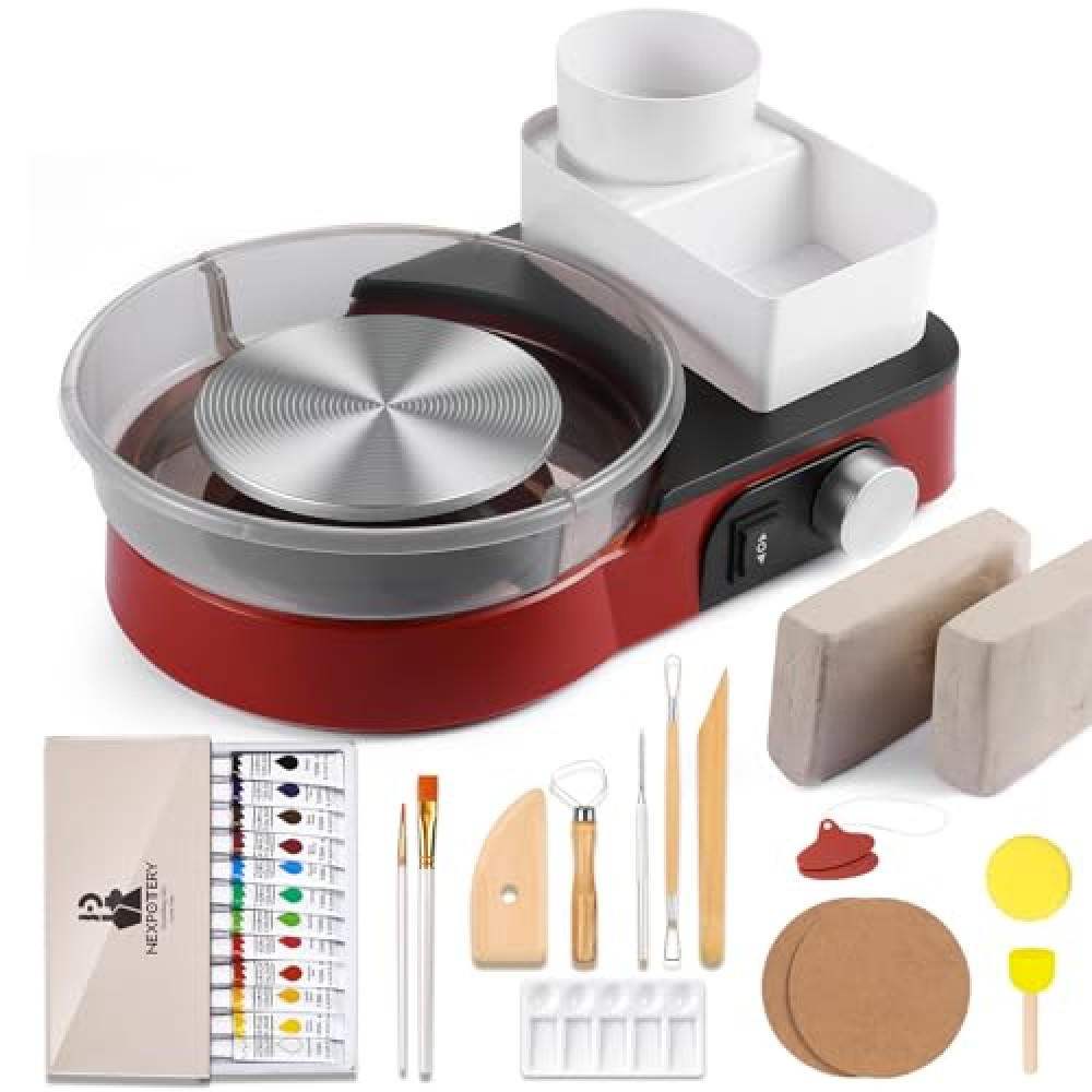 Pottery Wheel for Kids and Beginners - Complete Pottery Set with 6" Turntable with Two-Way Rotation, 2.2lb Clay, Art Supplies Sculpting Tools, Craft Gifts for Teens Kids Adults (Red)