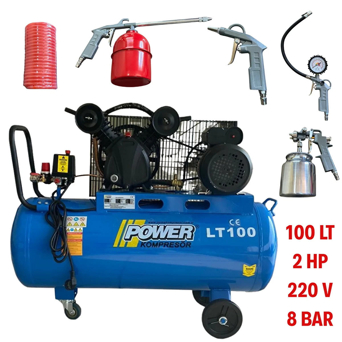 Povver Power 100 Litre. 2 Hp 220 Volt 8 Bar Pistonlu Kompresör 5 Li Hava Setli Yedek Parça - Elektrikli El Aletleri Fiyatı