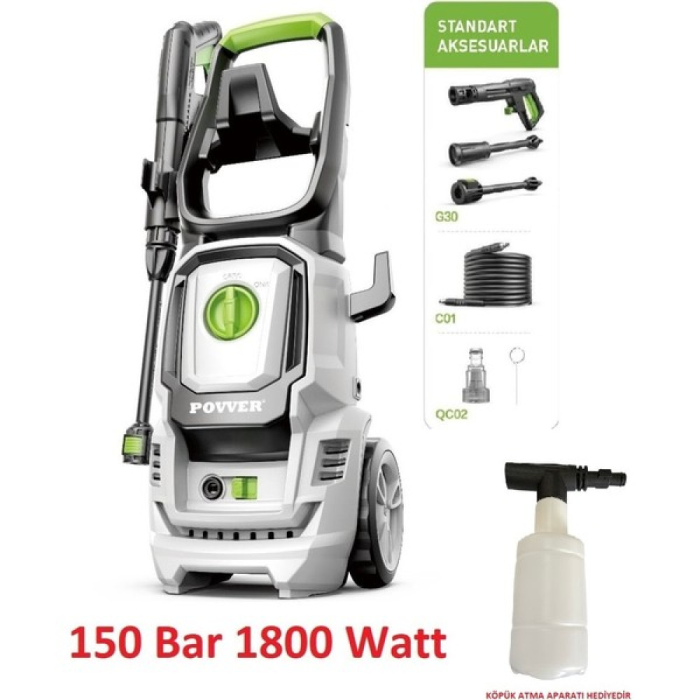 Povver PROFESYONEL İNDÜKSİYON MOTORLU Yüksek Basınçlı Yıkama Makinası (1800 W - 150 Bar) KÖPÜK ATMA APARATI HEDİYE Bahçe Makinesi Fiyatı