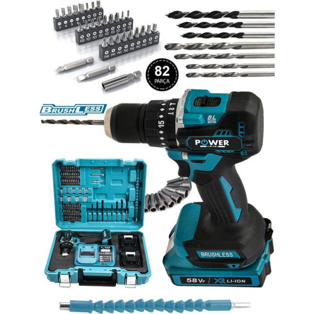 Power Black 58 Vf Kömürsüz (Fırçasız Motor) Darbeli Çelik Mandren Çelik Şanzıman Şarjlı Matkap Mavi Matkaplar Fiyatı