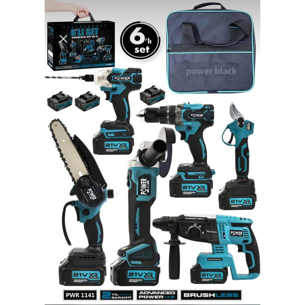Power Black 6 Lısı Bir Arada Bez Çanta 6 Lı Set 6 Makina 3 Batarya 1 Şarj Cihazlı Set Diğer Fiyatı