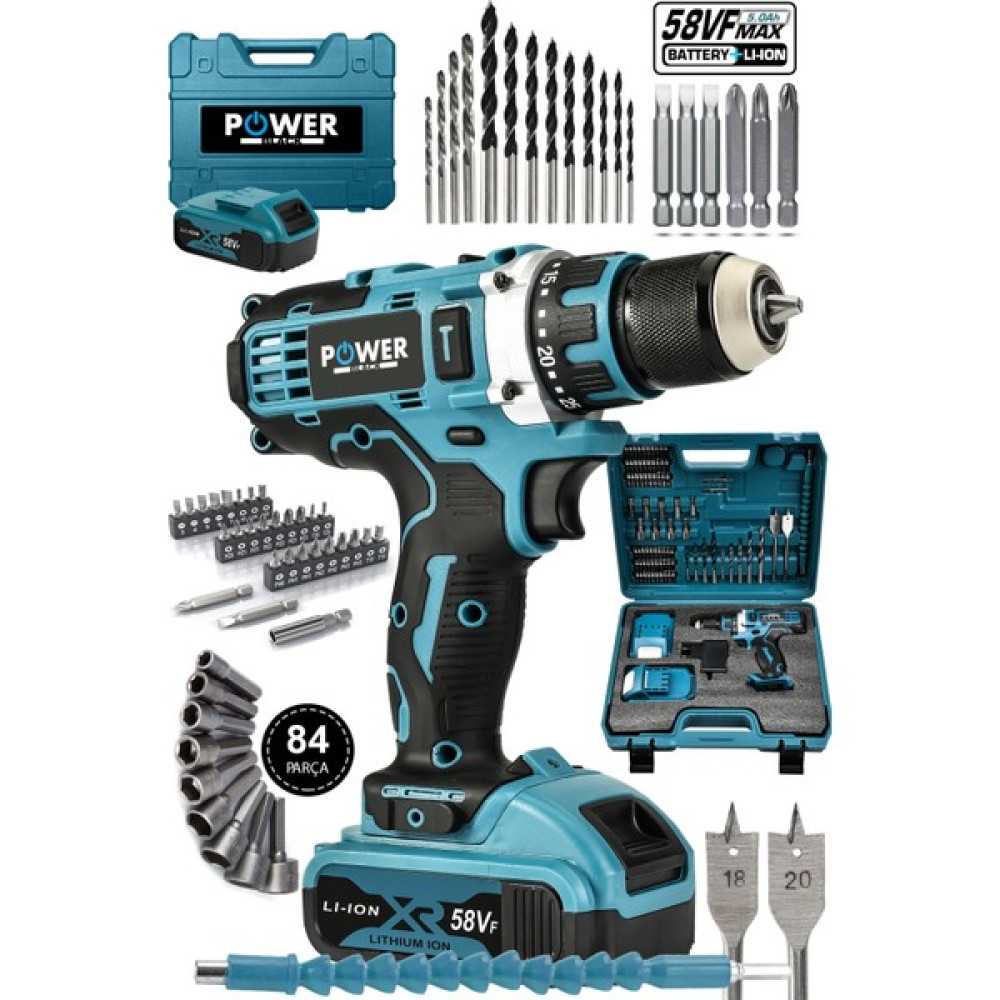 Power Black 84 Parça 58VF 5AH Çelik Şanzıman Bakır Sargılı Çift Akülü Vidalama Şarjlı Matkap Powerblack Oto Boyaları Fiyatı
