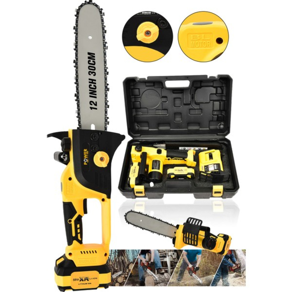 Power Black Germany Çok Güçlü Çift Akülü Şarjlı Testere Ağaç Odun Dal Kesme Motoru Hızar 30 cm Pala Boyu Sarı Oto Boyaları Fiyatı