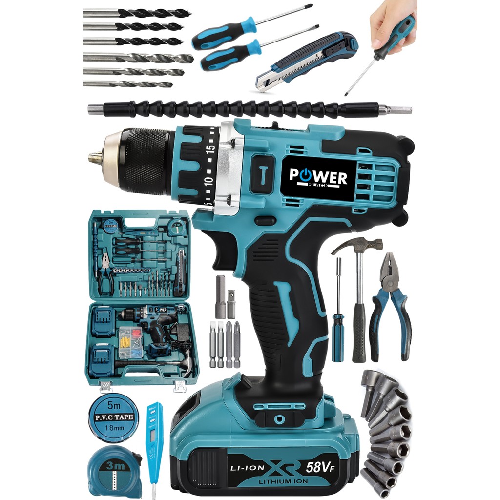 Power Black Poweblack Pro Germany Technology 58VF 5AH Çelik Mandren Çift Akülü Vidalama Şarjlı Matkap Seti Matkaplar Fiyatı