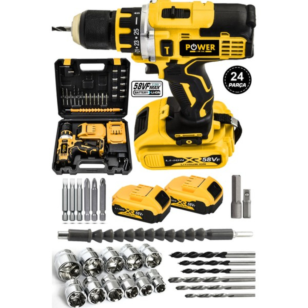 Power Black Pro Germany Technology 58VF 5AH Çelik Mandren Çift Akülü Vidalama Şarjlı Matkap Seti Oto Boyaları Fiyatı