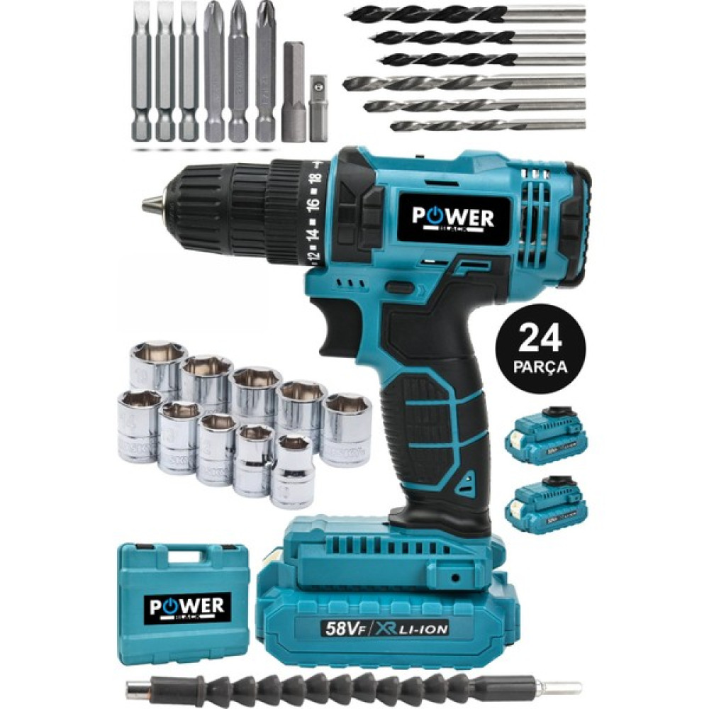 Power Black Pro-Xxc-Line Germany Technology Çift Akülü Şarjlı Matkap 24 Parça 58 Vf 5 Ah Mavi Matkaplar Fiyatı