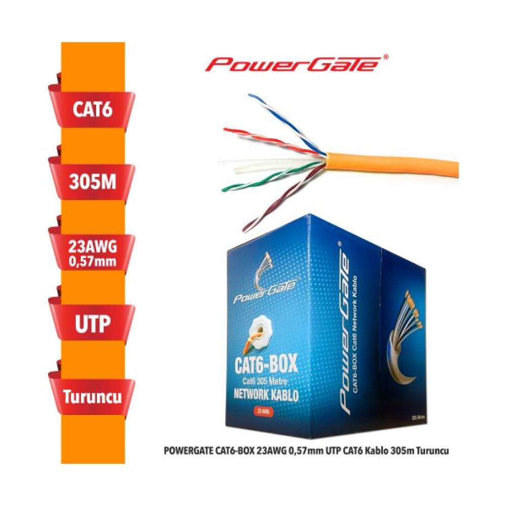 Powergate Cat6-Box 23AWG 0,57MM Utp Cat6 Kablo 305M Turuncu Ağ / Network Kablosu Fiyatı