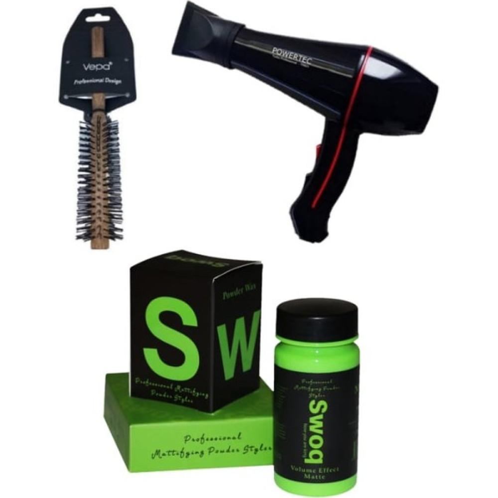 Powertec Profesyonel Fön Makinası + Swoq Pudra Wax + Swoq Fön Fırçası - Siyah Saç Kurutma Makineleri Fiyatı