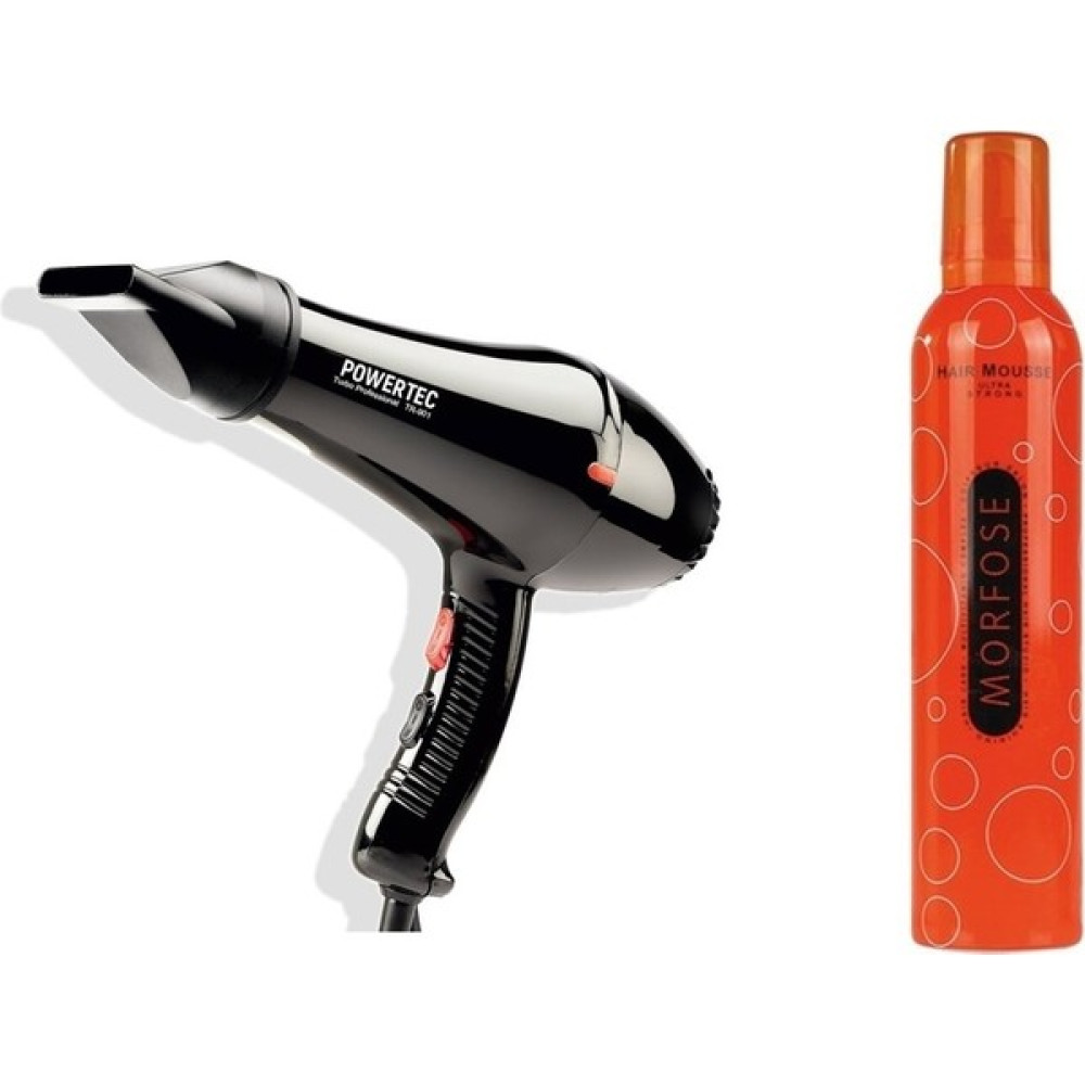 Powertec TR-901 Turbo Profesyonel 2500 W Saç Kurutma Makinası + Morfos Saç Köpüğü 350ML - Siyah Saç Kurutma Makineleri Fiyatı