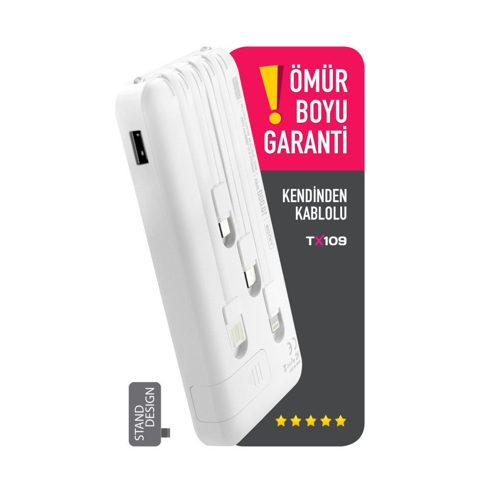 POWERWAY 10.000 Mah Kablolu Dijital Göstergeli 10.000 Mah Garantili Dahili Stand Beyaz Powerbank Taşınabilir Şarj Cihazı - Powerbank Fiyatı