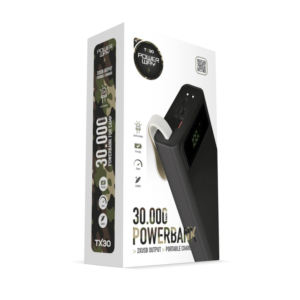 POWERWAY 30.000 Mah Dijital Göstergeli Gerçek 30.000 Mah Garantili Işıklı Type-c Girişli Tx30 Siyah Powerbank Taşınabilir Şarj Cihazı - Powerbank Fiyatı