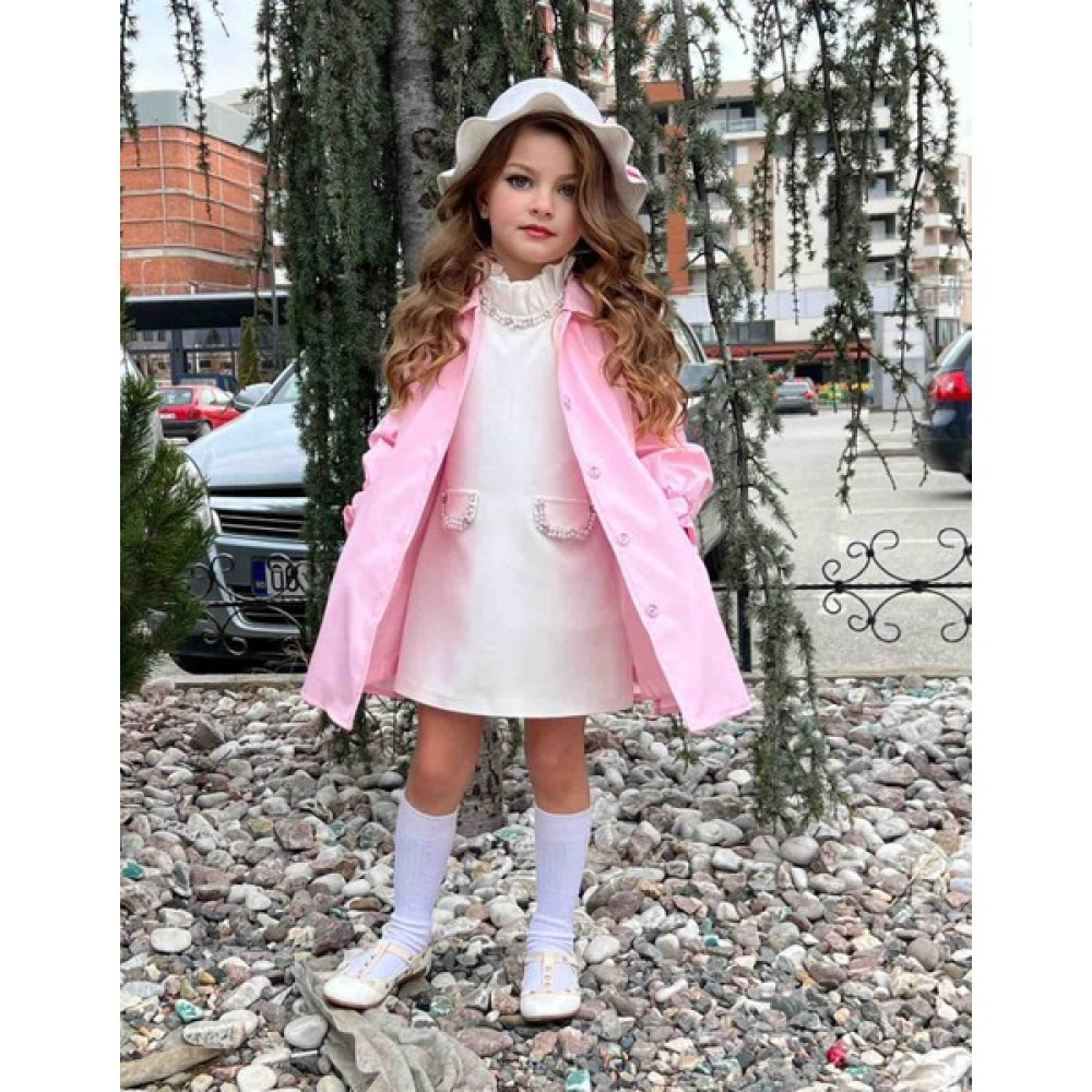Poyraz fashion kids Kız Çocuk Trenç Inci Detaylı Elbise ve Şapka Takım Bayramlık Kombin Kız Çocuk Giyim Takımı Fiyatı