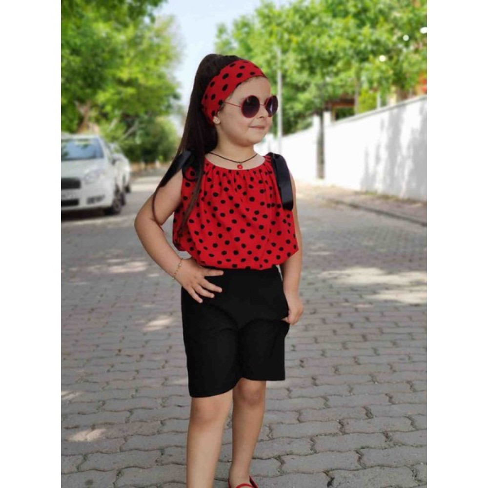Poyraz Kids Kız Çocuk Kırmızı Puantiyeli Bluz Bel Lastikli Şort ve Bandana Takım Bayramlık Kombin Kız Çocuk Giyim Takımı Fiyatı