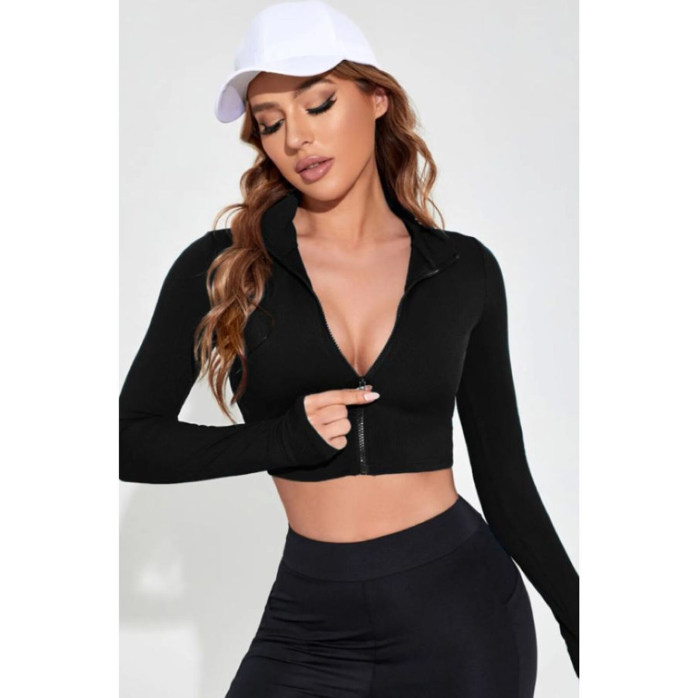 PRAG Fermuarlı Uzun Kollu Parmaklık Detaylı Dik Yaka Crop Top Bluz L/XL Beden Bluz Fiyatı