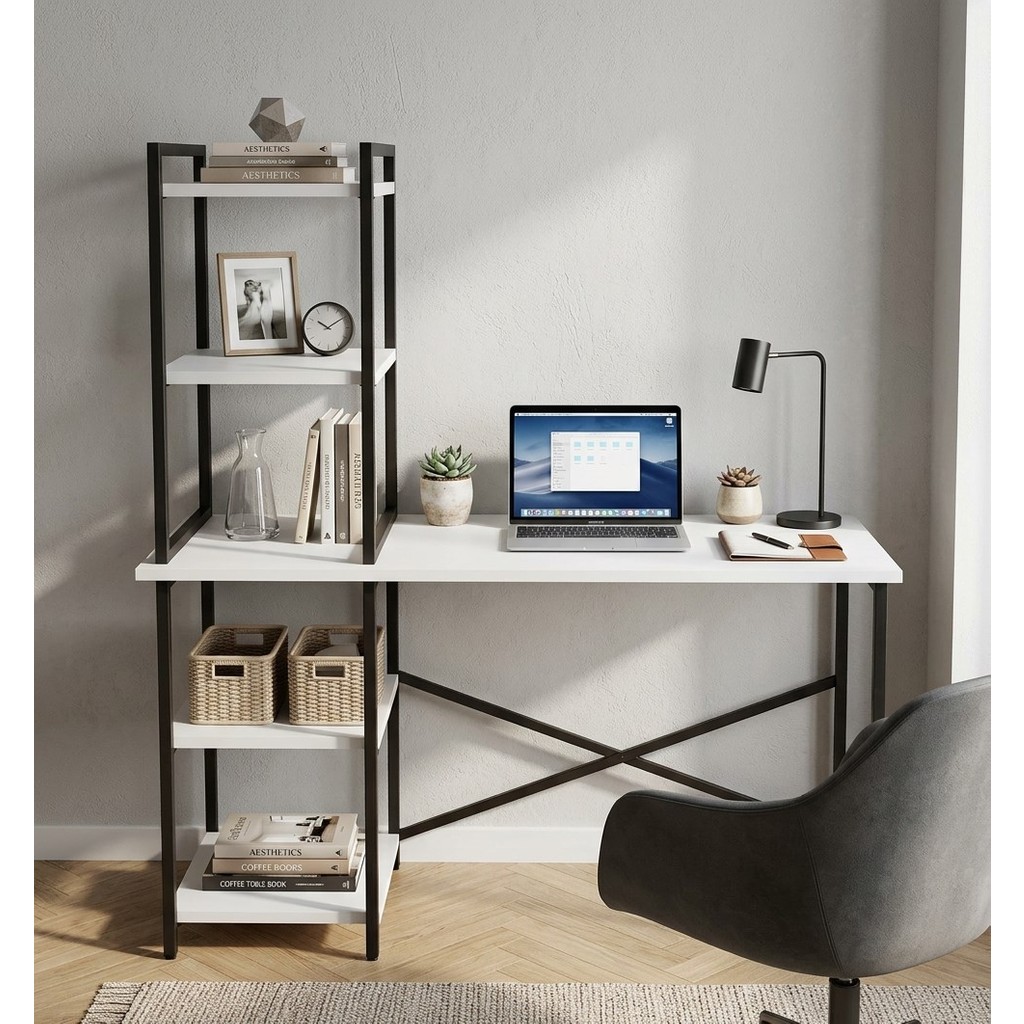 Pratico Melisa 5 Raflı Kitaplıklı Çalışma Masası 120X60 cm Beyaz– Metal Gövde Modern Tasarım - 90x72 - Beyaz - Siyah Kitaplık Fiyatı
