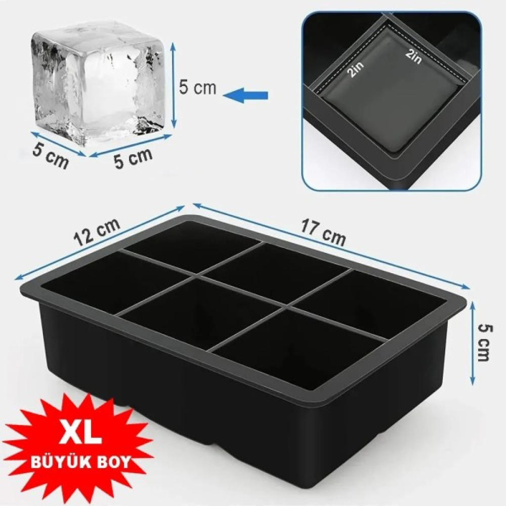 Pratik 2'li Silikon 6'lı Kare Buz Kalıbı - 6 Bölmeli Buzluk 5cm Dev Buz Küpleri (Siyah )- Sunum Buz Küpü Buzluk6 Kek Kalıpları Fiyatı