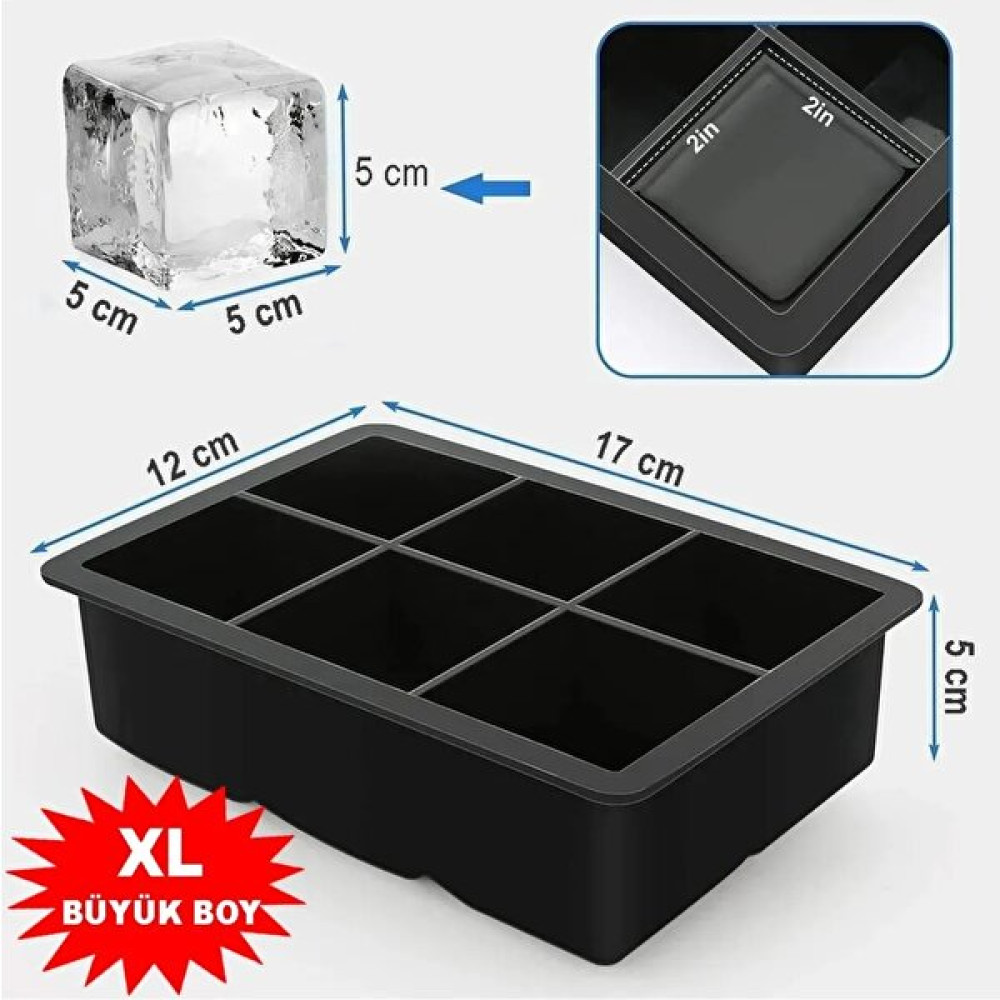 Pratik Silikon 6'lı Kare Buz Kalıbı - 6 Bölmeli Buzluk 5cm Dev Buz Küpleri (Siyah )- Sunum Buz Küpü Buzluk6 Kek Kalıpları Fiyatı