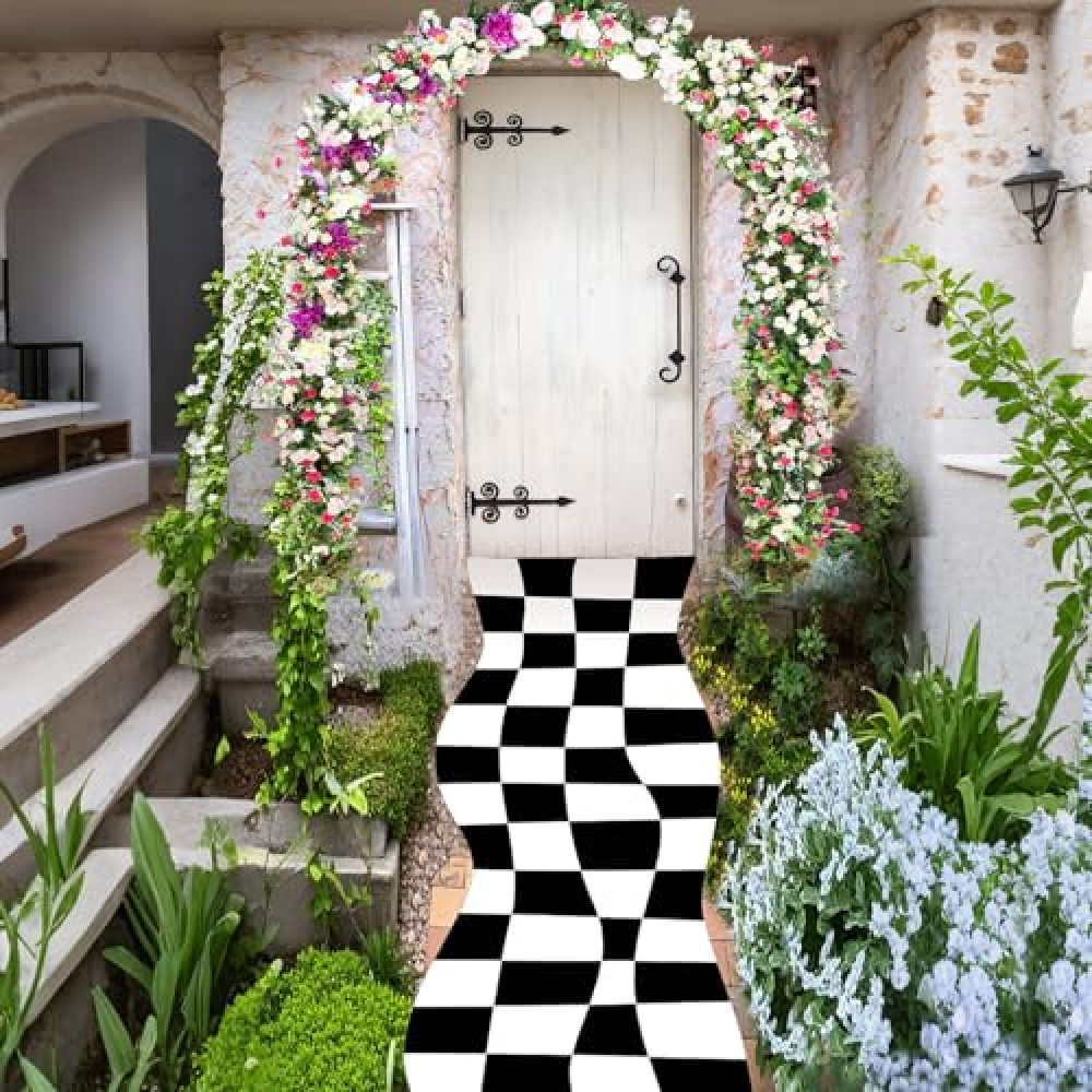 Preboun Wonderland Runner Carpet Decoration 118 x 24 Inches Black and White Checkered Rug Polyester Checkerboard Aisle Runner for Wonderland Birthday Party Decorations