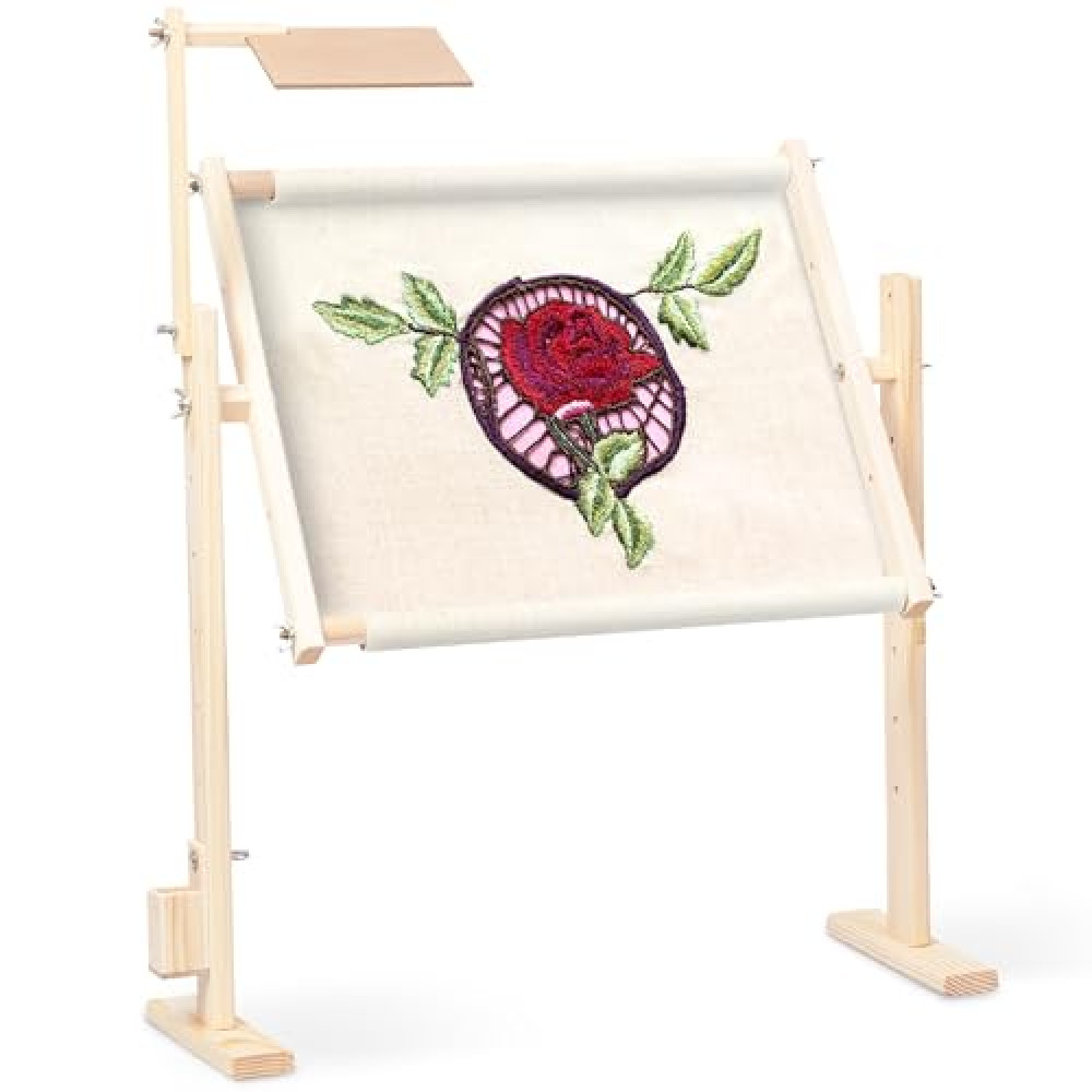 Precision Quilting Tools - Embroidery Frame Stand - Flexible Embroidery Hoop Stand - Wood Cross Stitch Stand with Drawing Frame & Storage - FancyWooden Craft - 7 x 20.5 x 25.4 inches (Brown)