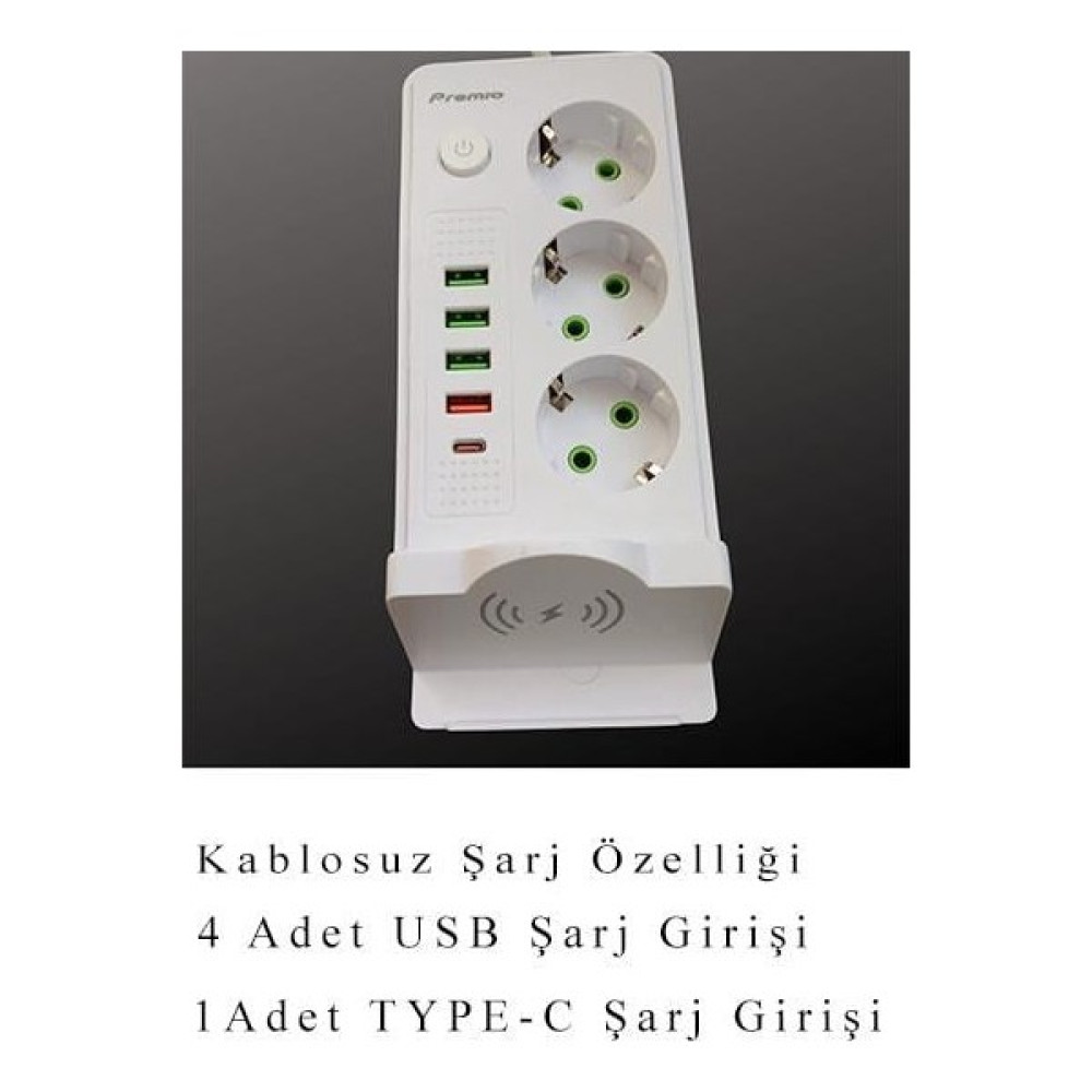 Premio 3 Lü Temassız Hızlı Şarj 4 Usb' Li 1 Typ-C Girişli Grup Priz Beyaz Renk Prizler Fiyatı