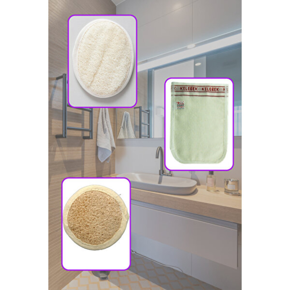 Premium 100 Doğal Kabâk Lifi Vücud Için + Yüz Kabak Lifi + Kelebek Kese Kalın 3'Lü Banyo Kese Seti Vücut Bakım Setleri Fiyatı