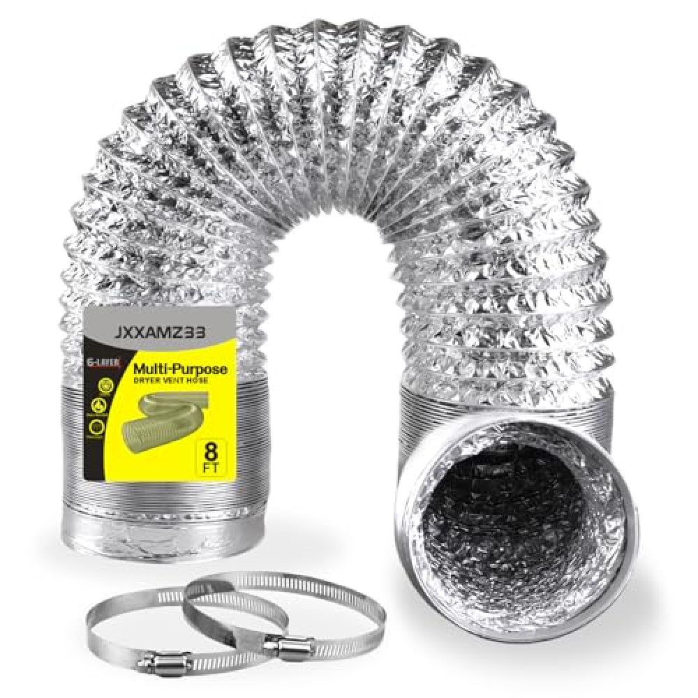 Premium 4 Inch Dryer Vent Hose, Flexible Dryer Hose Vent Kit, Dryer Exhaust Hose, Extra Thick(6-ply) Aluminum Foil HVAC Ducting Kit, 8 Feet Long with 2 Clamps, Easy to Install (4in 8ft) Beyaz Eşya Aksesuarları Fiyatı