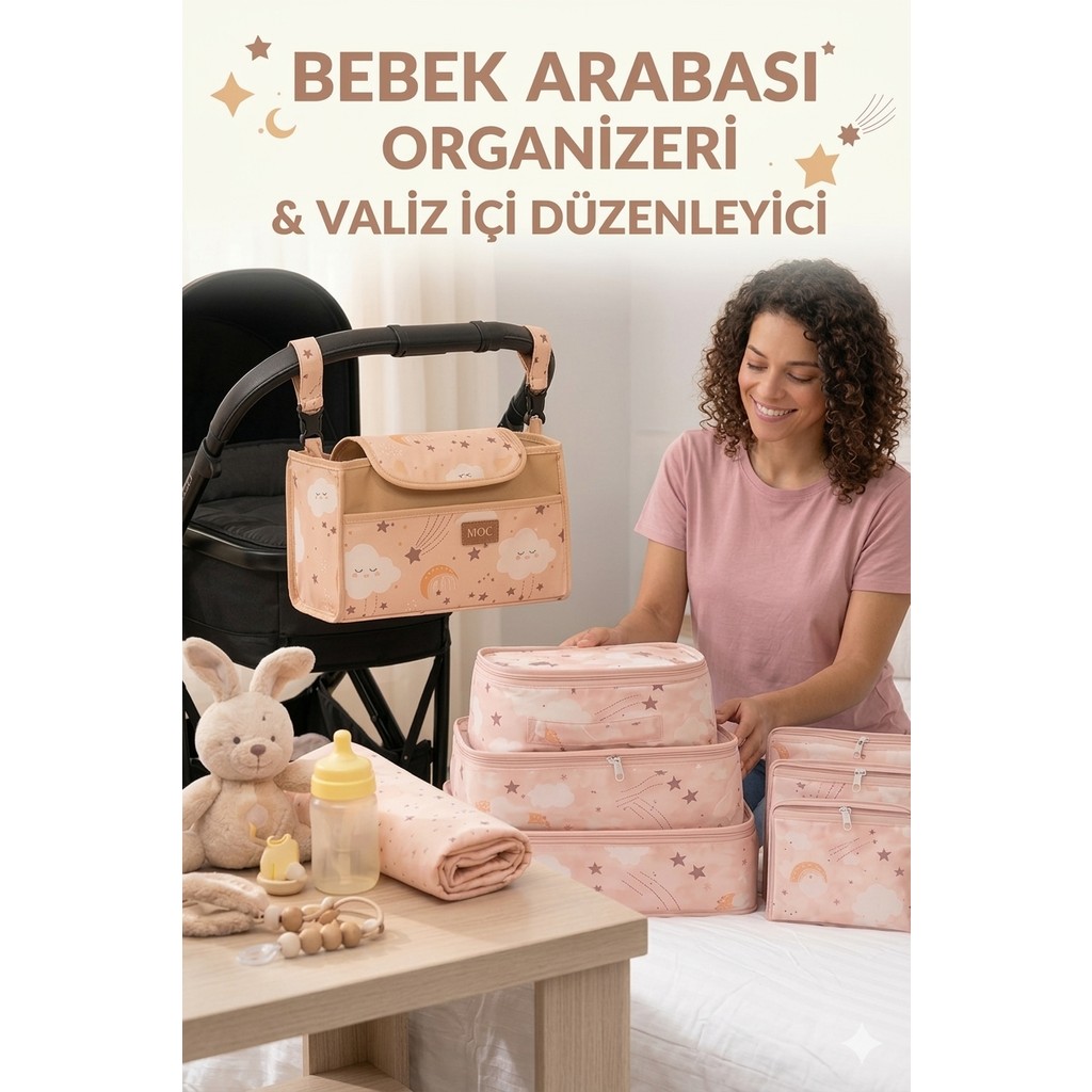 Premium Bebek Arabası Organizer Çanta I 6'lı Set Desenli Bavul Valiz Içi Çok Amaçlı Organizer - Pembe Bebek Arabası ve Pusetler Fiyatı