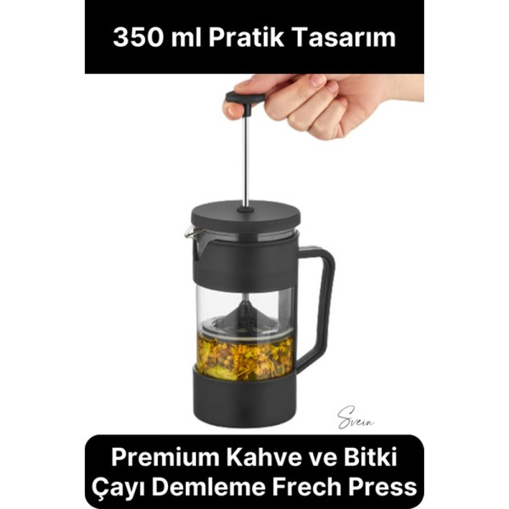 Premium Kahve ve Bitki Çayı Demleme Hazırlayıcı French Press Pratik Kulplu Demlik 350 ml Siyah French Press Fiyatı