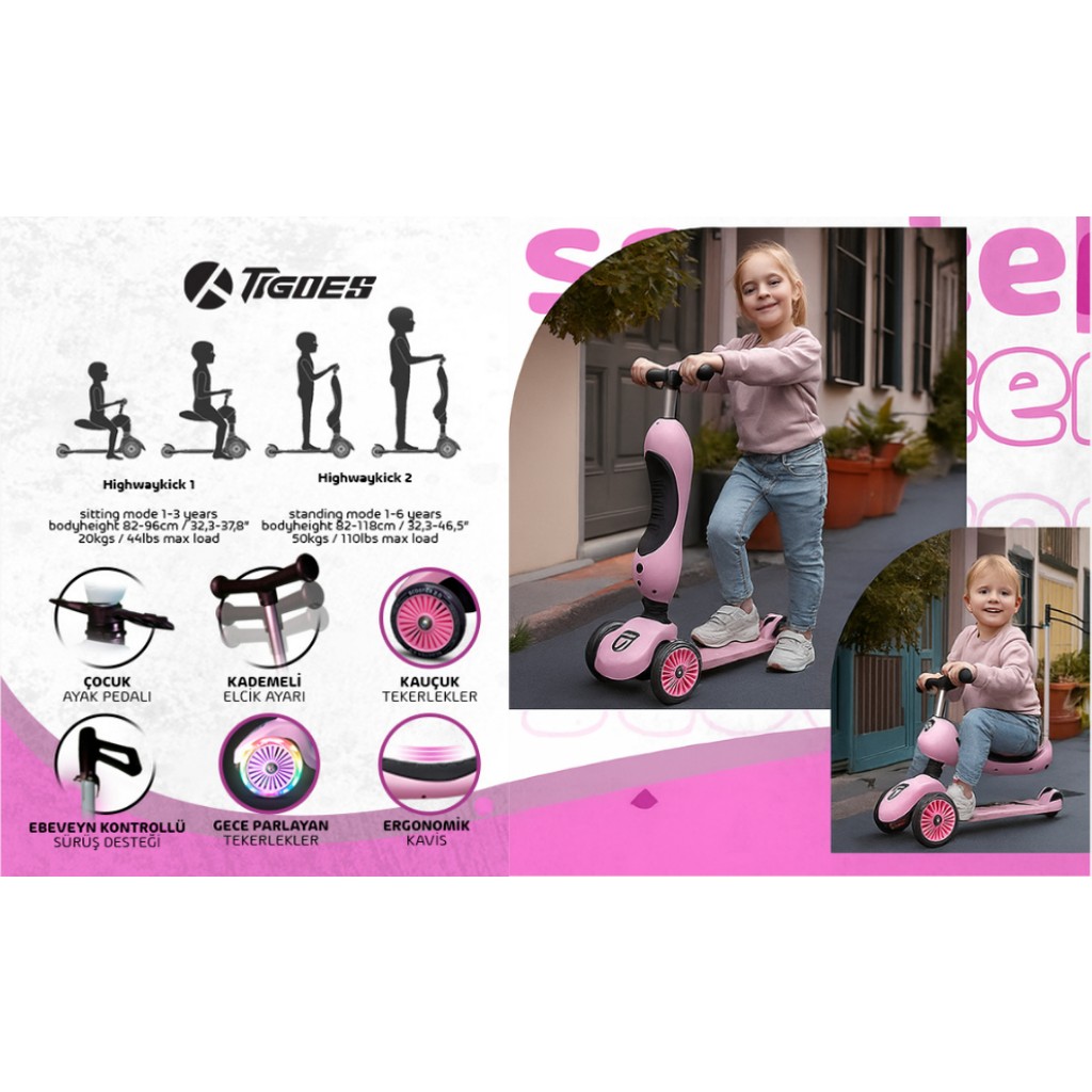 Premium Oturaklı Pembe Scooter 3 Tekerlekli LED Işıklı Scooter Yükseklik Ayarlı 1-6 Yaş Scooter Fiyatı