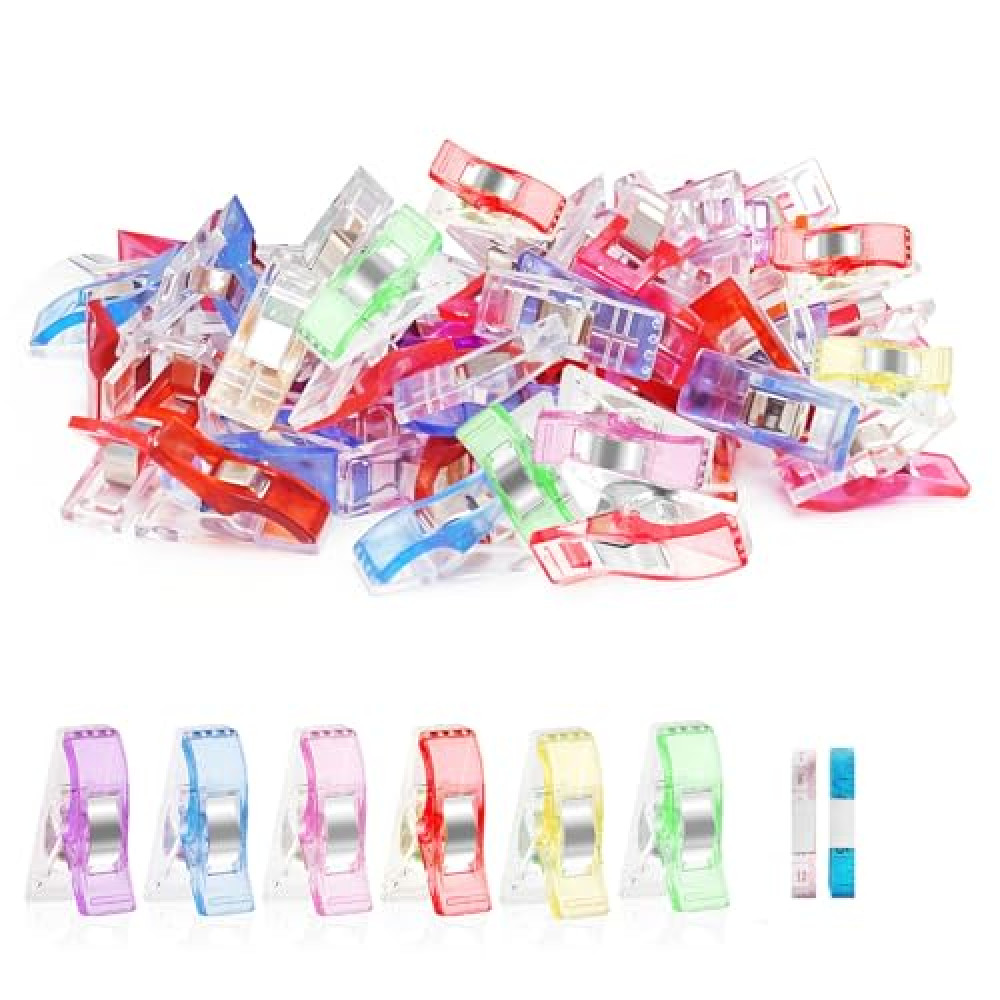 Premium Plastic Clips, Multipurpose Sewing Clips Premium Quilting Clips Assorted Colors Fabric Clips for Sewing Supplies Quilting, Sewing Quilting Supplies, 50 Pcs Clips, Add Two Rulers