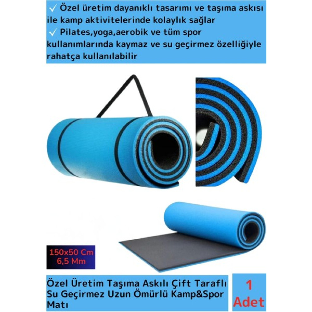 Premium Taşıma Askılı Çift Taraflı Kaymaz Su Geçirmez Pilates Kamp Fitness Yoga Matı Mavi 6,5 mm Oto Boyaları Fiyatı