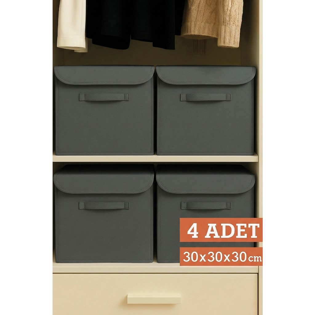 Prendi Home 4’lü Antrasit Kapaklı Kumaş Dolap Içi Düzenleyici Kutu - 30X30X30 cm Katlanabilir Saklama Kutusu Diğer Fiyatı