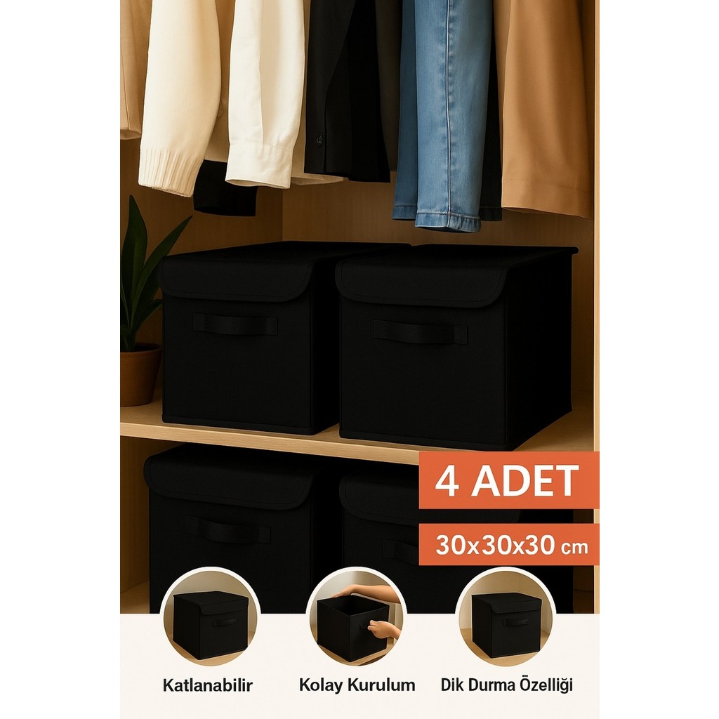 Prendi Home 4’lü Siyah Kapaklı Kumaş Dolap Içi Düzenleyici Kutu - 30X30X30 cm Katlanabilir Saklama Kutusu Eşya Saklama Kutusu Fiyatı