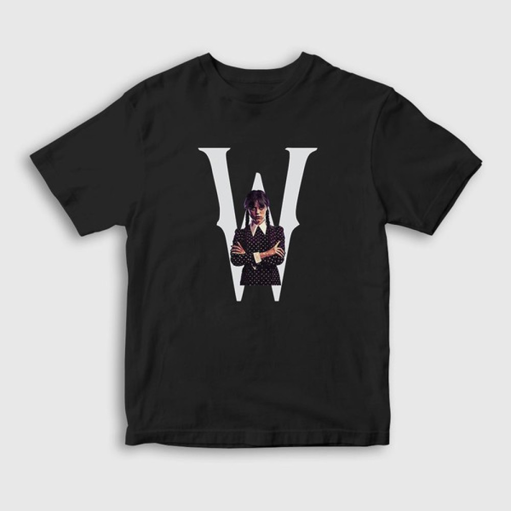 Presmono Unisex Çocuk Siyah W Wednesday Addams Family Addams Ailesi T-Shirt Erkek Çocuk T-shirt Fiyatı
