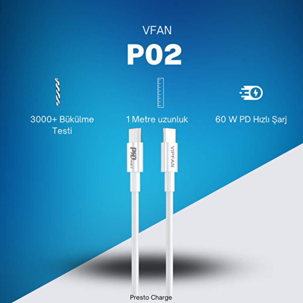 Presto Charge Vfan P02 Type-C 60W Pd Hızlı Şarj & Data Kablosu - Beyaz Cep Telefonu Şarj Cihazı Fiyatı