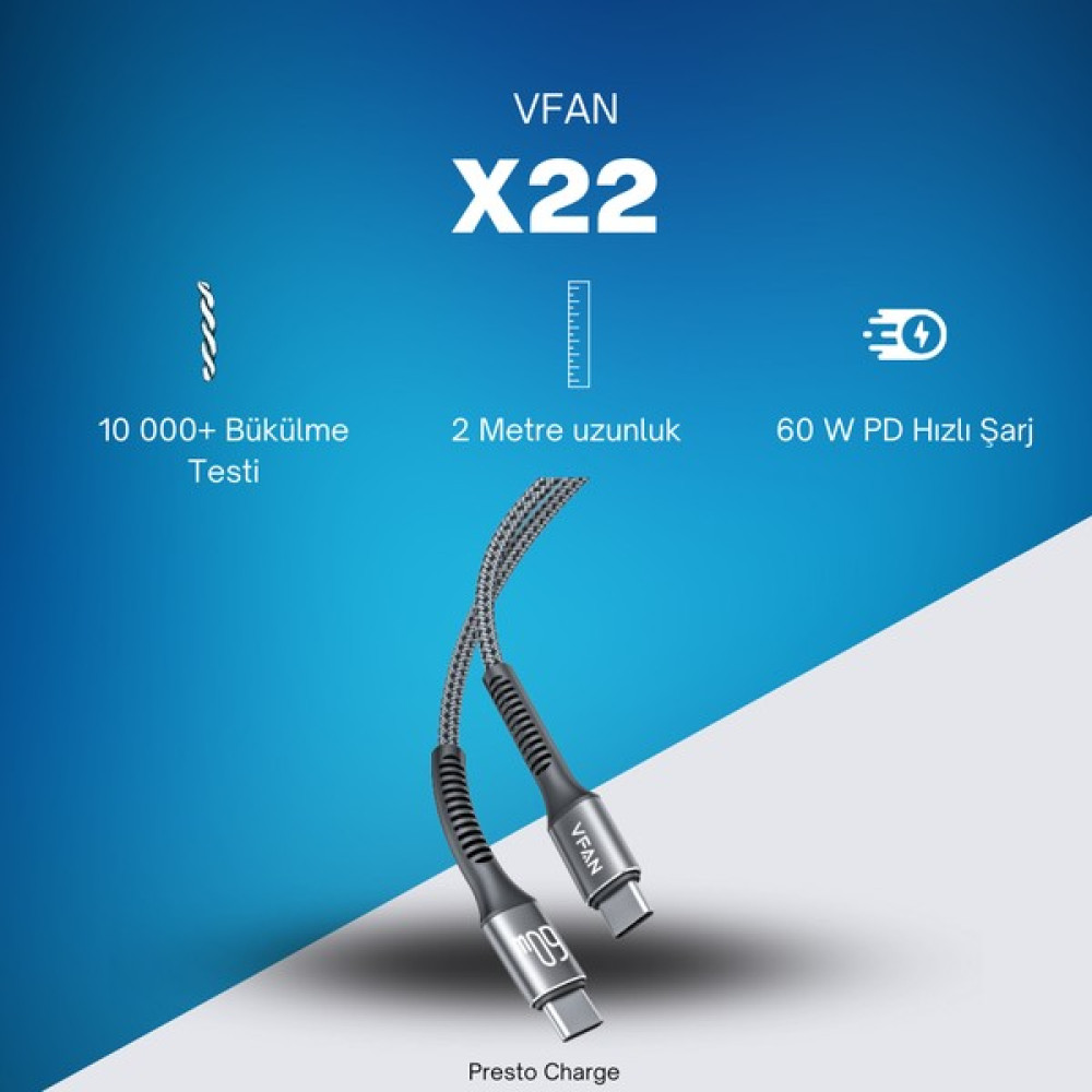 Presto Charge VFAN X22 USB Type-C 60W Pd Hızlı Şarj & Data Kablosu (2 Metre) - Gri - Siyah Cep Telefonu Şarj Cihazı Fiyatı