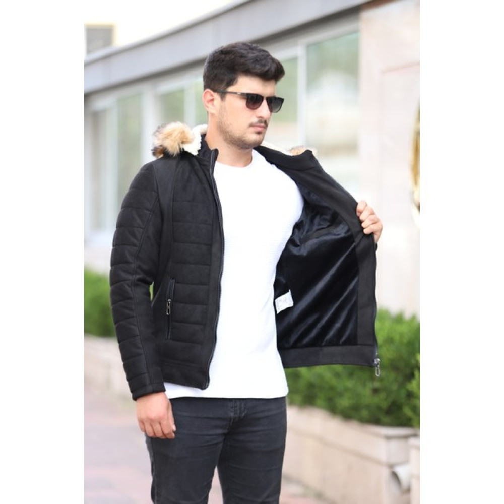 Prifaldi Erkek Siyah Kapüşonlu Süet Slim Fit Kışlık Mont Erkek Mont Fiyatı